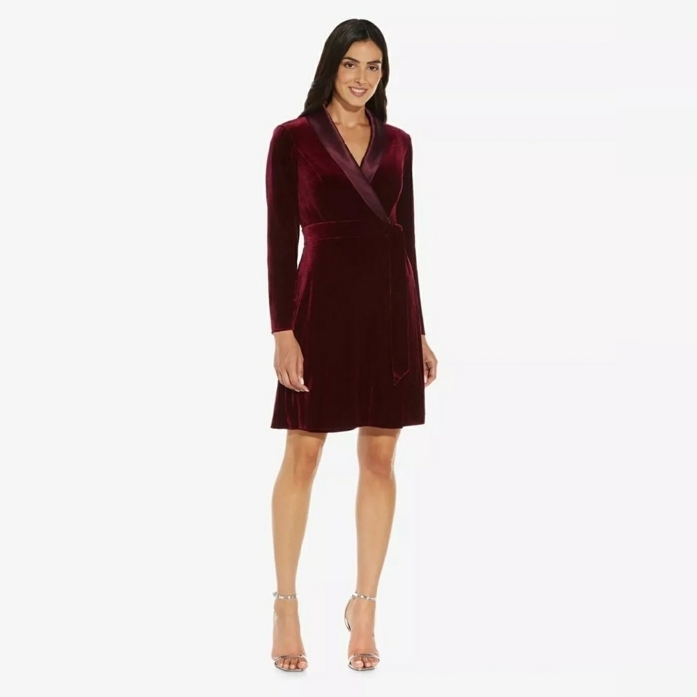 Adrianna Papell Burgundy Velvet Wrap-Style Tuxedo Dress